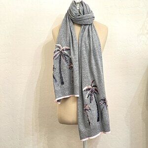 New Tommy Bahama Palm Tree Sequin Scarf Knit Gray Pink Cashmere Blend